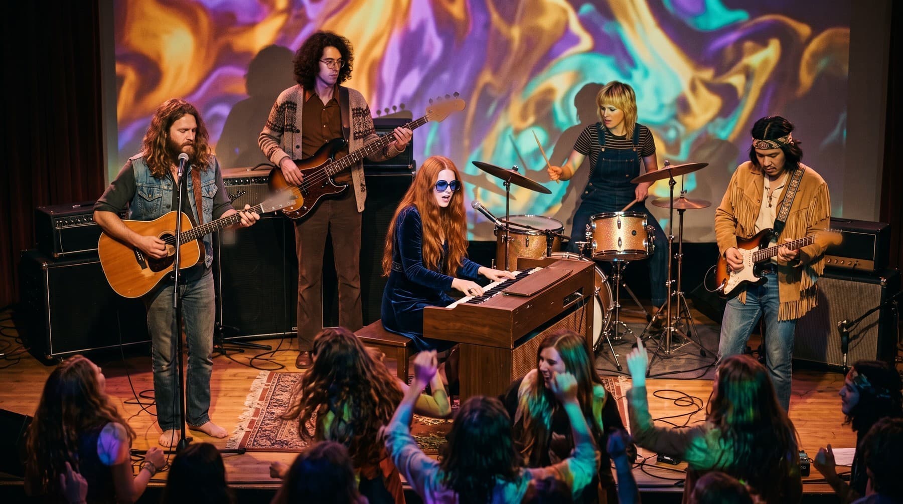 The band plays on a ballroom stage in front of a huge swirling projection of purple, gold and turquoise oil light while the crowd dances in front