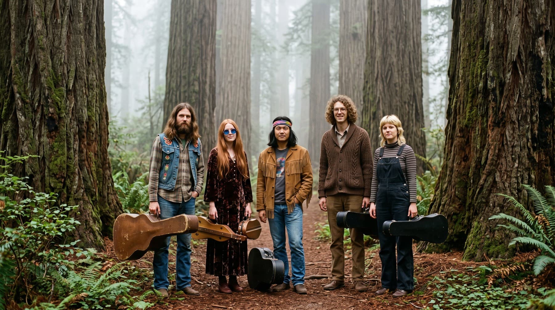 The five band members stand in a row on a trail between huge redwood trunks in the fog, holding worn instrument cases