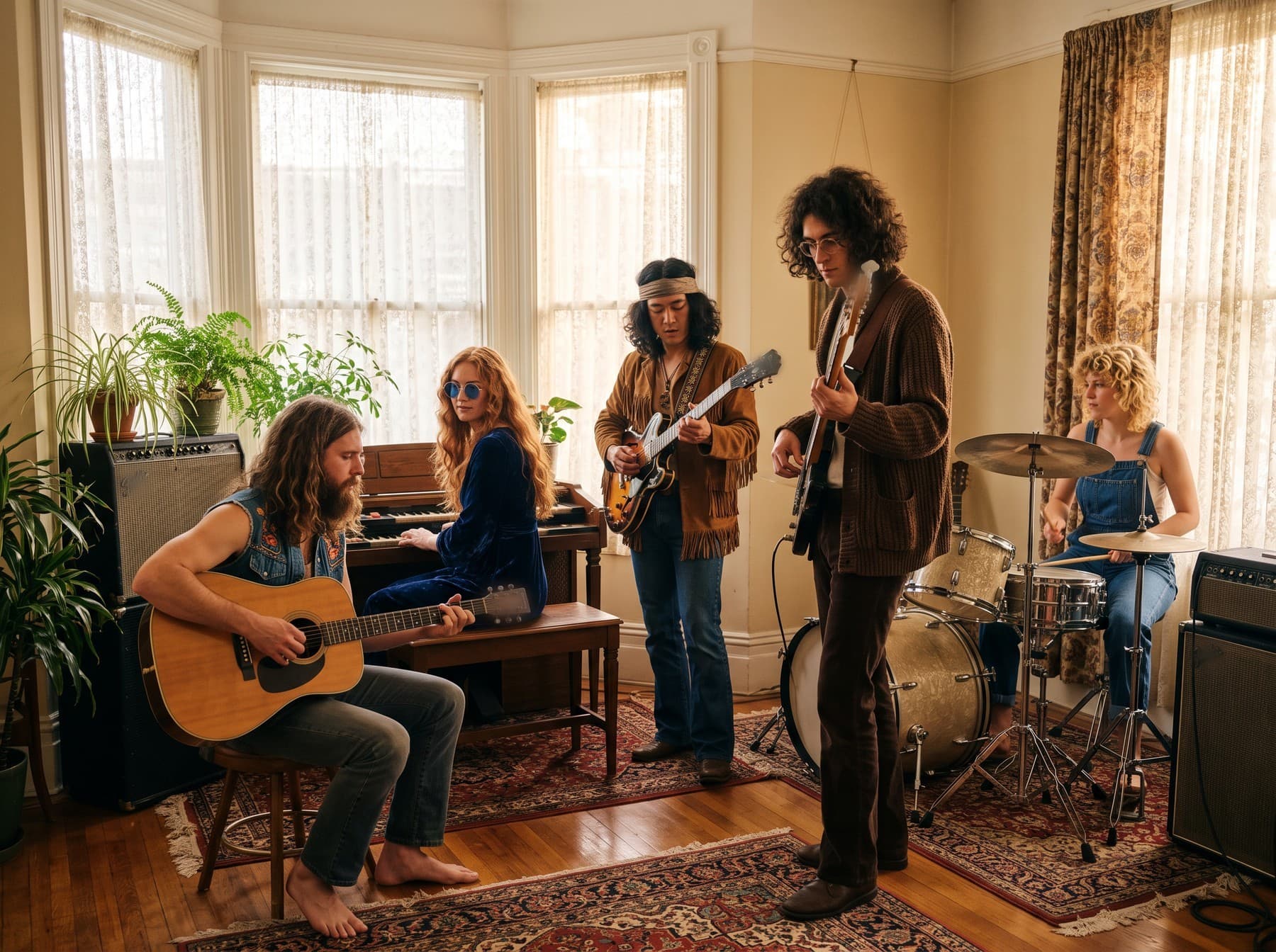 The band rehearses in the sunny front room of a Victorian house, bay windows with lace curtains, an organ against the wall, Persian rugs on a wood floor and plants on the amplifiers